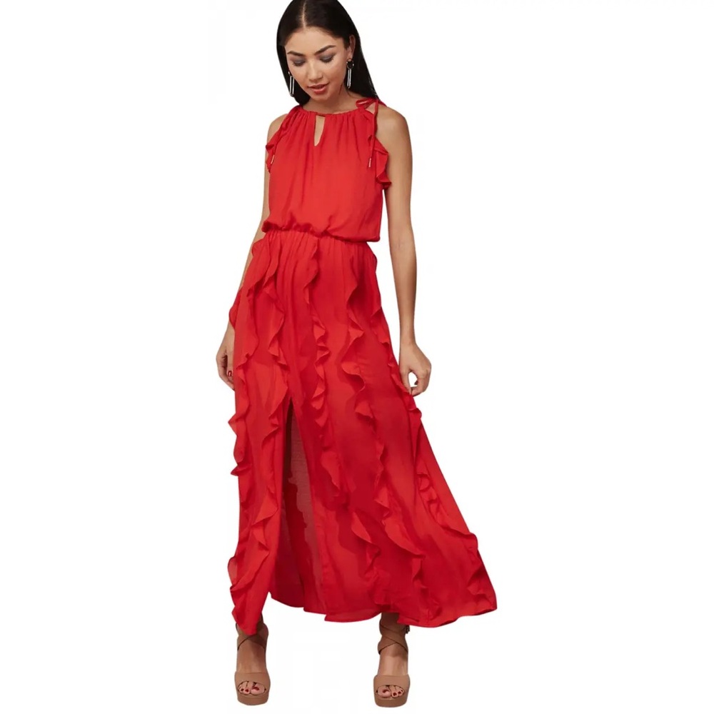 MOON RIVER - Elegant Red Ruffle Maxi Dress. Size Small - Picture 1 of 7